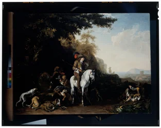 Un vaste paysage avec une partie de chasse se reposant près d