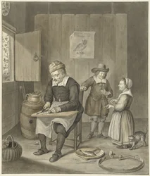 Intérieur avec un homme nettoyant des poissons et deux enfants