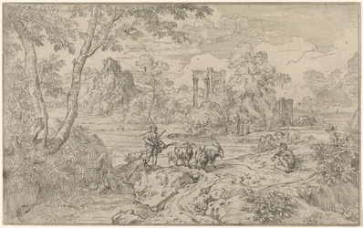 Paysage arcadien avec berger de chèvres