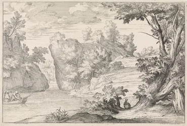 Paysage fluvial avec un lièvre