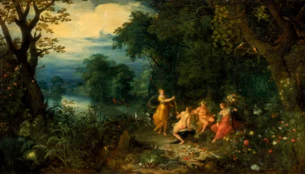 Un paysage avec bois, Diane offre un lièvre à une nymphe, Silène et Cérès au premier plan, vers 1614