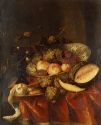 Fruits dans un Bol en Porcelaine Wanli Craak avec un Verre, Melon et Assiette en Étain