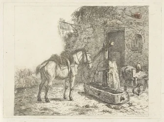 Cheval devant une auberge