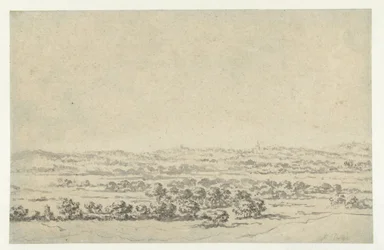 Paysage fluvial, avec une tour au loin