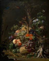 Nature morte avec fruits, poisson et nid