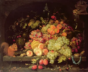 Nature morte avec fruits, écureuil et chardonneret