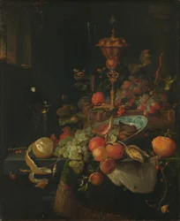 Nature morte avec fruits et gobelet sur pied de coq