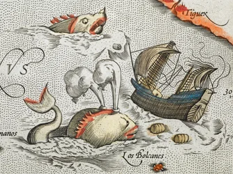 (Détail). Monstres marins attaquant un navire.