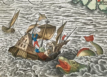 Un navire attaqué par un monstre marin tiré de Typus orbis terrarum, par Abraham Ortelius