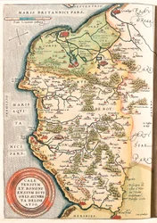 Caletensium et Bononiensium Ditionis Accurata Delineatio Carte géographique du territoire du Boulonnais, Artois et Flandre française (France) incluant les lieux de Calais, Arches, Greuelinge, Étaples et Montreuil... tirée du « Theatrum Orbis Terrarum »