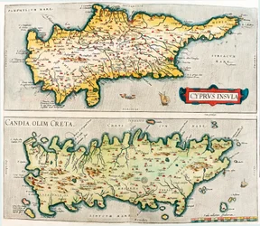 Cyprus Insula - Candia, olim Creta Carte géographique des îles méditerranéennes de Chypre et de Crète en Grèce du "Theatrum Orbis Terrarum" d