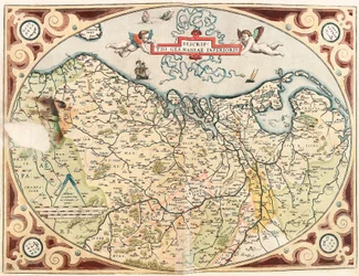 Descriptio Germaniae Inferioris Carte géographique du territoire des Pays-Bas germanique du "Theatrum Orbis Terrarum" par Abraham Ortelius