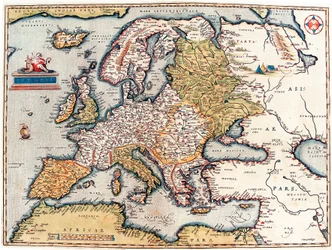Description du continent européen. Carte géographique du "Theatrum Orbis Terrarum" par Abraham Ortelius