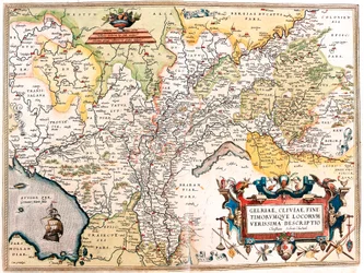 Gelriae, Cliviae, Finitimorum Qe Locorum Verissima Descriptio par Christiano Schrot. Carte géographique des Pays-Bas allemands de « Theatrum Orbis Terrarum » par Abraham Ortelius