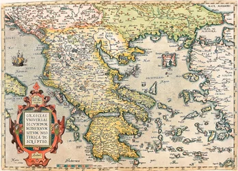 Graeciae Universae Secundum Hodiernum Neoterica Descriptio. Carte géographique du territoire de la Grèce avec le Péloponnèse et les îles tirée du "Theatrum Orbis Terrarum" par Abraham Ortelius (Oertel, Ortell ou Ortel)