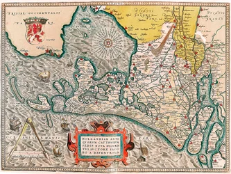 Hollandiae antiquorum catthorum sedis nova descriptio, auctore lacobo a daventria Carte géographique du territoire des Pays-Bas avec les villes d