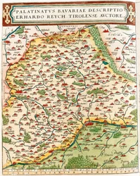 Palatinatus Bavariae descriptio Erhardo Reych Tirolense Auctore Carte géographique du territoire de Bavière en Allemagne de « Theatrum Orbis Terrarum » par Abraham Ortelius (Oertel, Ortell ou Ortel)