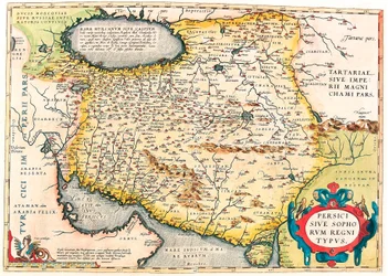 Persici sive Sophorum Regni Typus Carte géographique du territoire de la péninsule arabique de « Theatrum Orbis Terrarum » par Abraham Ortelius (Oertel, Ortell ou Ortel)