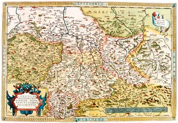 Saxoniae, Misniae, Thuringiae, Nova Accurssimaque Descriptio. Carte géographique du territoire de Saxe, Thuringe en Allemagne du "Theatrum Orbis Terrarum" par Abraham Ortelius (Oertel, Ortell ou Ortel)