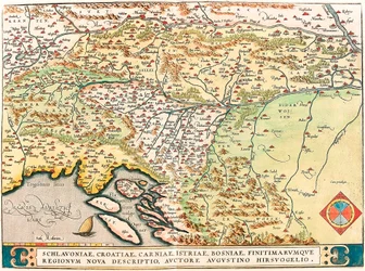 Schlavoniae, Croatiae, Carniae, Istriae, Bosniae, Finitimarumque Regionum Nova Descriptio, Auctore Augustino Hirsuogelio Carte géographique des territoires de Slavonie, Croatie, Bosnie et Dalmatie tirée de « Theatrum Orbis Terrarum » par Abraham Ortelius