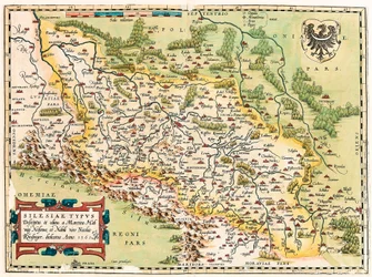 Silesia Typus Descriptio et Descriptus et editus Martino Heilwid Neilsense, et Nobili viro Nicolao Rhedinger dedicatus Anno 1561 Carte géographique du territoire au sud de Francfort en Allemagne près de la Pologne tirée de « Theatrum Orbis Terrarum » par A