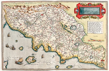 Thusciae. Descriptio auctore Hieronymo Bellamarto. Carte géographique du territoire de la Toscane en Italie du "Theatrum Orbis Terrarum" par Abraham Ortelius (Oertel, Ortell ou Ortel)
