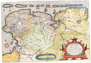 Utriusque Frisiorum regionis noviss. descriptio Carte géographique du territoire des Pays-Bas avec les villes de Groningue (Groeningen) et Leeuwarden... tirée de « Theatrum Orbis Terrarum » par Abraham Ortelius (Oertel, Ortell ou Ortel)