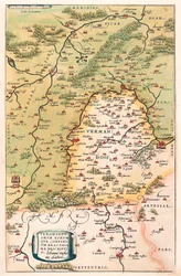 Veromanuorum Eorum que Confinium Accurssima Descript Carte géographique du territoire de Vermandois et de la Picardie en Gaule (France) de « Theatrum Orbis Terrarum » par Abraham Ortelius