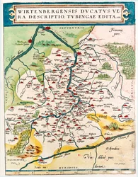 Wirtenbergensis Ducatus Vera descriptio, Tubingae edita 1558. Carte géographique du Bade-Wurtemberg de « Theatrum Orbis Terrarum » par Abraham Ortelius