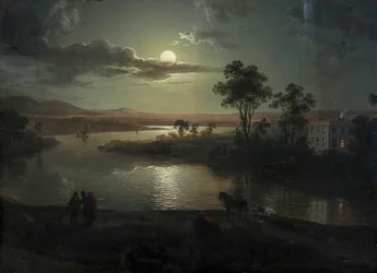 Scène de soirée avec pleine lune et personnes