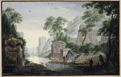 Anciennes ruines funéraires dans un paysage fluvial