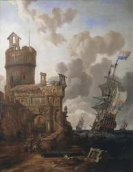 Un navire hollandais passant devant un fort