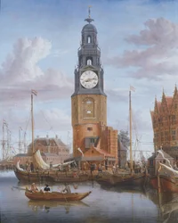 Vue de la tour Haringspacker à Amsterdam, avec une horloge fonctionnelle intégrée dans la peinture, 1684