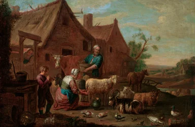 Famille de paysans avec du bétail, des moutons et des chèvres dans une cour de ferme