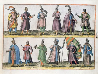 Tenues militaires hongroises et polonaises au XVIe siècle, tirées de «Costumes de différentes nations d
