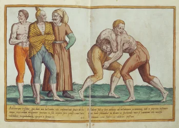 Lutteurs turcs, costumes du XVIe siècle de Omnium Poene Gentium Imagines, publié à Cologne, 1577 (gravure coloriée à la main)