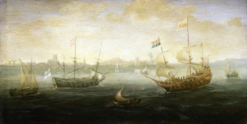Un bateau néerlandais et un bateau britannique, arborant le drapeau Stuart, naviguant au large d