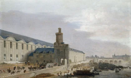 French: La Grande Galerie du Louvre avec la porte Neuve et la tour de Bois View of Paris with the Grand Gallery of the Louvre , the Tour de Bois and the Pont Neuf
