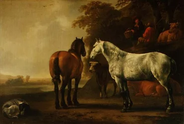 Chevaux et bétail dans un paysage