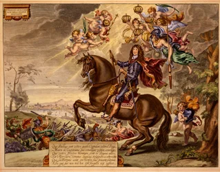Charles II avec une dédicace en français, avec le vieux pont de Londres en arrière-plan, extrait de The Method and New Invention of Dressing Horses par William Cavendish, publié en 1737 (2e éd.)