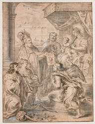 Marie avec enfant sur le trône adorée par trois saints