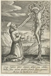 Saint agenouillé devant le Christ en croix