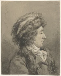 Homme avec bonnet de fourrure, profil vers la droite