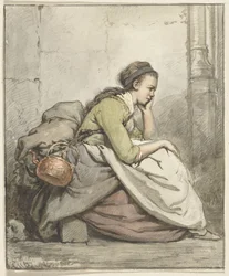 Femme assise avec une bouilloire en cuivre
