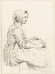 Femme assise avec un plat sur ses genoux, vers la droite