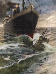 Un transatlantique allemand renverse et brise un sous-marin de la flotte anglaise au large des côtes de Douvres - Illustration de Beltrame - « La Domenica del Corriere » octobre 1912