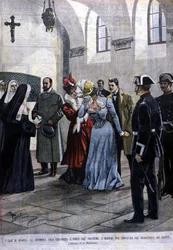 À Madrid, une jeune femme, Mademoiselle Ubao, est arrachée à la vie de religieuse dans un couvent où elle se trouvait par suggestion des Jésuites. Illustration de Beltrame. La Domenica del corriere. 1901