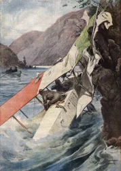Un vol de reconnaissance dramatique : après un combat, sans moteur ni hélice, deux aviateurs ont réussi à atteindre les lignes italiennes et sont tombés dans la rivière Isonzo. Ill. de Beltrame. La Domenica del Corriere. 10/1917