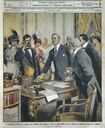 Le président américain Woodrow Wilson déclenche télégraphiquement la détonation qui détruisit le dernier obstacle du canal de Panama à 6000 kilomètres de distance, tiré de La Domenica del Corriere