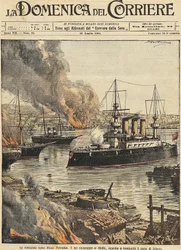 Cuirassé Potemkine bombardant Odessa, par Achille Beltrame, illustration, Illustrateur Achille Beltrame, de La Domenica del Corriere